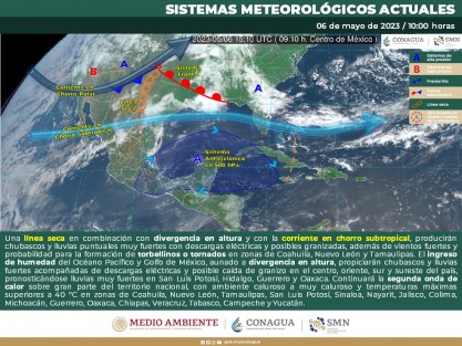 Cielo medio nublado a nublado con lluvias puntuales fuertes en Tamaulipas y chubascos en Veracruz, todas acompañadas de descargas eléctricas y caída de granizo. Ambiente templado durante la mañana y muy caluroso por la tarde. 