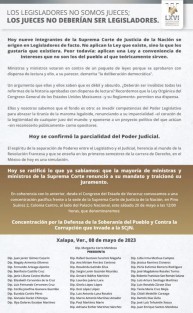 En sus redes sociales, el Gobernador Cuitláhuac García informó que se sumará a la concentración pacífica frente a la sede de la @SCJN este sábado 20/mayo/12:00 hrs., luego de que la SCJN invalidara la primera  parte del llamado Plan B de la Reforma Electoral, por la forma en que fue aprobada por legisladores. 