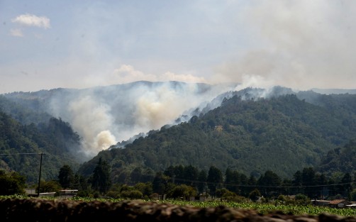 En la comunidad de El Rincón de La Joya luchan para evitar que sus mangueras de agua se quemen luego de que el fuego se reavivara y siguiera quemando pastizales y bosque de esta comunidad situada a 2 kilómetros de la carretera Xalapa-Perote. 