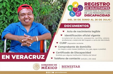 La secretaria de Bienestar, Ariadna Montiel Reyes, informó que del 26 de junio al 26 de julio inicia el registro universal a la Pensión para el Bienestar de las Personas con Discapacidad en Veracruz, lo cual es posible gracias a la suma de esfuerzos entre el presidente de la República, Andrés Manuel López Obrador, y el gobernador de Veracruz, Cuitláhuac García Jiménez.
