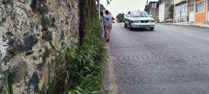 Transeúntes y estudiantes que caminan sobre la calle prolongación Villahermosa de la colonia Rafael Hernández todos los días se ponen en riesgo al pasar por este tramo de calle ya que carece de banqueta... aunque enfrente sí la hay. 
