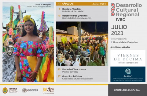 El IVEC invita a disfrutar de su programación virtual, que durante el mes de julio presenta cápsulas y conversatorios acerca de las actividades artísticas y el legado cultural afrodescendiente de Veracruz. Éstas se publicarán del 6 al 28 de julio a las 17:00 horas a través de la cuenta de Facebook @DesarrolloCulturalRegionalIVEC.