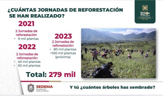  El Gobierno de Veracruz ha realizado un esfuerzo interinstitucional por compensar la expansión de la mancha urbana y el impacto ambiental, sembrándose en la entidad 279 mil plantas endémicas en seis jornadas de reforestación; 9 mil en 2021, 90 mil en 2022 y 180 mil para cerrar este 2023; el índice de sobrevivencia es mayor al 85 por ciento.