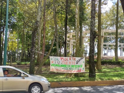 Sobre el camellón de Avenida Xalapa, a la altura de la Rotonda de los Xalapeños Ilustres, ciudadanos contra obras viales, bajo el nombre de Movimiento del camellón en resistencia, colocaron mantas donde advierten de afectaciones por presunta obra en la zona.
