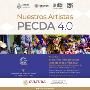 El IVEC invita a disfrutar del conversatorio El traje de la Negreada de Alto Tío Diego, Veracruz el próximo viernes 8 de septiembre a las 18:00 horas, en el mezzanine del Teatro del Estado Gral. Ignacio de la Llave. La entrada es libre.