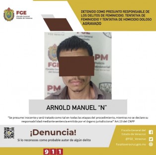 Arnold Manuel N fue detenido como presunto responsable de los delitos de feminicidio en agravio de su madre, feminicidio en grado de tentativa en agravio de su hija y homicidio doloso agravado en grado de tentativa en agravio de su padre, el pasado 22 de agosto en Banderilla.

L