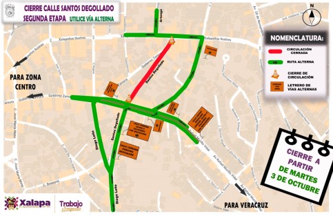 Para continuar con la segunda etapa de rehabilitación de losas de concreto hidráulico en la calle Santos Degollado, a partir del martes 3 de octubre se harán adecuaciones viales en la zona, por lo que se solicita a la población reprogramar sus tiempos de traslado para evitar contratiempos y tomar rutas alternas.