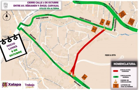 El Ayuntamiento de Xalapa informa que por  obra integral de pavimentación, se cerrará la calle 2 de Octubre, entre Rébsamen y Ángel Carvajal a partir del lunes 9 de octubre. Se recomienda tomar como ruta alterna Ángel Carvajal, que es la calle principal de la Unidad del Valle. 