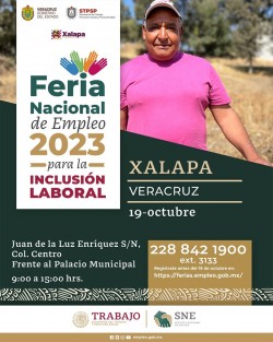  Los próximos 18, 19, 20 y 23 de octubre, Córdoba, Xalapa, Boca del Río y Tuxpan serán sedes de la Feria Nacional de Empleo para la Inclusión Laboral, cuyo objetivo es acercar oportunidades que privilegian la inserción de adultos mayores, mujeres, jóvenes, personas con discapacidad y migrantes, refugiados o desplazados.