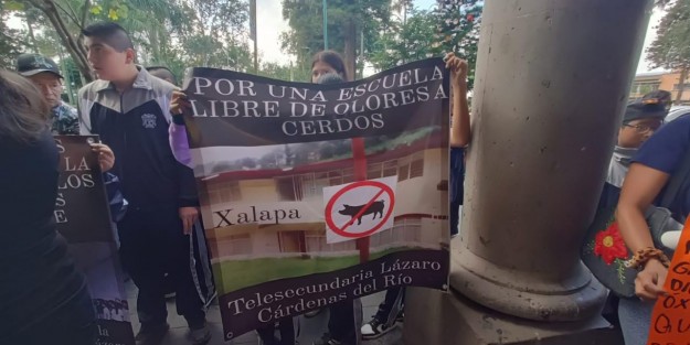Vecinos y alumnos de la Telesecundaria Lázaro Cárdenas del Río, se manifestaron frente  a Palacio Municipal de Xalapa, para denunciar malos olores a causa de un criadero de cerdos en una propiedad colindante.