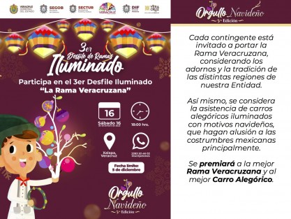 En Xalapa tendrá lugar el tercer Desfile Iluminado con la temática de La rama veracruzana, siendo premiadas las mejores representaciones. Estas acciones tienen el objetivo de seguir promoviendo la integración familiar y la generación de espacios de sana recreación y convivencia en entornos seguros.
