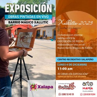 A partir de este lunes se expondrán por unos días, las obras realizadas por profesionales, y aficionados de la pintura, realizados con la temática del Barrio Mágico de Xallitic y pintados in situ, en meses pasados durante una jornada en ese sitio típico de Xalapa. 