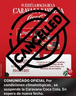 Esta mañana en conferencia de prensa,el alcalde de Xalapa, Ricardo Ahued anunció que la  Caravana Coca Cola, programada para hoy miércoles por la tarde noche,se suspende a causa del frente frío. 