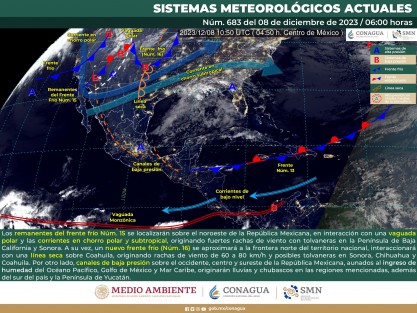 Se espera que el probable frente frío (16) cruce con rapidez el estado de Veracruz entre la madrugada y las primeras horas de la tarde del domingo 10, impulsado por una potente masa de aire polar que invadirá el norte, noreste, este y sureste del país, así como el Golfo de México, ocasionando lluvias fuertes, tormentas, Norte intenso, oleaje elevado y descenso de temperatura.