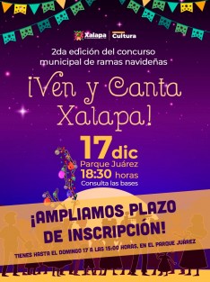 La Dirección de Cultura del Ayuntamiento de Xalapa amplió el plazo para inscribirse en el Concurso de Ramas que se efectuará este domingo 17 en el parque Juárez. No dejen de participar, disfrutar y ayudar a mantener viva esta tradición veracruzana. 