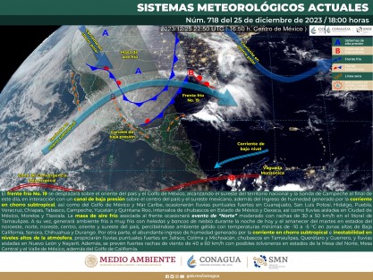 El frente frío Núm. 19 continuará desplazándose hacia el Este-Sureste
acompañado de una vaguada prefrontal, y la masa de aire frío que lo
impulsa, cubrirá la vertiente oriental del territorio nacional. La situación
anterior, ocasionará en el Estado de Veracruz el incremento gradual de los
nublados, con lluvias, lloviznas y bancos de nieblas o neblinas en regiones
montañosas principalmente concentradas en el norte y centro de la
entidad. 
