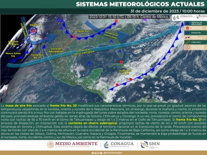 Para hoy, se prevé que la masa de aire frío asociada al frente número 20 modifique sus características térmicas, lo que permitirá un gradual ascenso de las temperaturas vespertinas en el noreste, oriente y sureste de México; sin embargo, durante la noche de hoy y la madrugada de mañana, lunes, el ambiente continuará de frío a muy frío con heladas y bancos de niebla. 