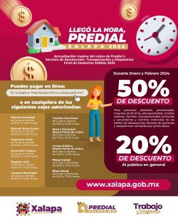 Mañana, 2 de enero, el Ayuntamiento de Xalapa inicia el cobro del impuesto predial 2024, para lo cual ofrece distintas opciones para facilitar el trámite a los xalapeños.