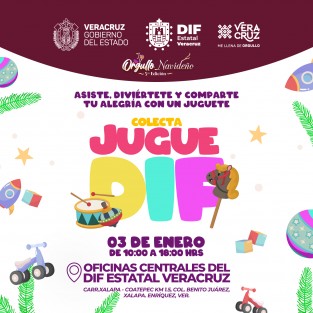 El próximo 3 de enero el DIF Estatal realizará la colecta JugueDIF, en beneficio de niños y niñas de las zonas marginada. Las aportaciones de recibirán en las instalaciones de la dependencia. 