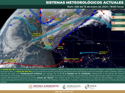 El frente frío 26 actualmente cruzando la Península de Yucatán se alejará del territorio nacional, por su parte, la masa de aire frío que lo impulsa se debilita y modificará gradualmente sus características térmicas sobre el norte, noreste y oriente del país, así como sobre el Golfo de México; no obstante, este fin de semana apoyará el desarrollo de nublados nieblas y lloviznas especialmente en regiones montañosas, viento del Norte y Noreste moderado a fresco y ambiente fresco a templado durante el día y fresco a frío por la noche y madrugada. 