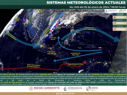El frente frío 30 se mueve por el norte del estado de Veracruz y se espera que alcance el centro de este, esta tarde donde tenderá a estacionarse y retornar como cálido hacia el noroeste del Golfo de México mañana viernes 26.