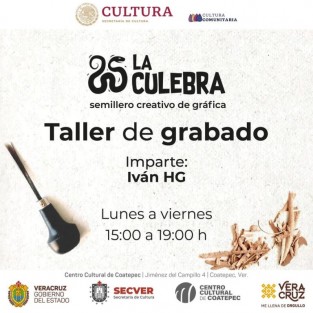 La Secretaría de Cultura de Veracruz continúa con las actividades del Semillero Creativo de Gráfica La Culebra en el Centro Cultural de Coatepec, esfuerzo coordinado con la Secretaría de Cultura federal a través del programa Cultura Comunitaria. Las actividades tienen lugar de manera gratuita, de lunes a viernes, de 15:00 a 17:00 horas.