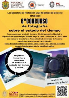 La Secretaría de Protección Civil invita a participar en  el Sexto Concurso de Fotografía relacionadas con el estado del tiempo (lluvia, nubes, viento, etc.), efectos asociados (sequía, inundaciones, etc.) y cambio climático. 