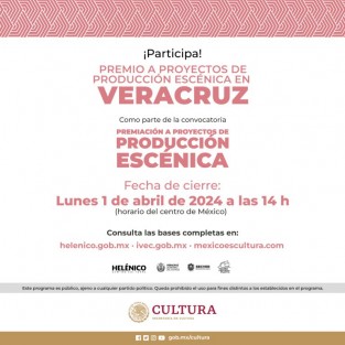 La Secretaría de Cultura del Gobierno de México, a través del Centro Cultural Helénico, en coordinación con la Secretaría de Cultura de Veracruz, invita a las y los artistas a participar en la convocatoria: Premiación a proyectos de producción escénica en Veracruz 2024. 