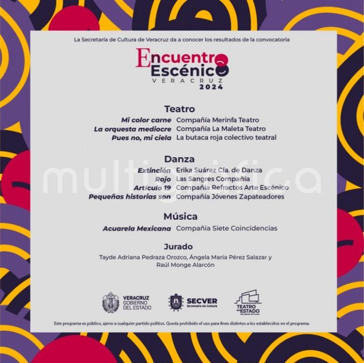 La Secretaría de Cultura de Veracruz presenta las propuestas seleccionadas para participar en el Encuentro Escénico Veracruz 2024, iniciativa que busca estimular la producción escénica y el desarrollo económico de la comunidad artística, así como promover la formación de públicos en la entidad veracruzana. 