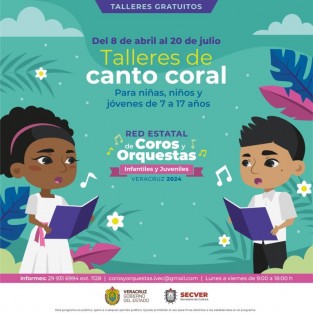 La Secretaría de Cultura de Veracruz invita a niñas, niños y jóvenes veracruzanos a participar en los talleres de canto coral de la Red Estatal de Coros y Orquestas Infantiles y Juveniles de Veracruz, con sede en 22 localidades del estado.