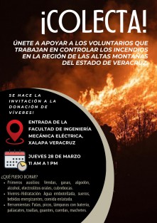 Estudiantes de la Facultad de Ingeniería UV estarán colectando víveres y utensilios para las brigadas de combate de incendios forestales este jueves 28 de marzo de 11:00 hrs a 13:00 hrs. en la entrada de esa institución sita en la Zona Universitaria.  