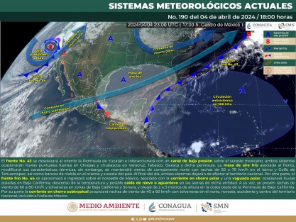Cielo medio nublado a nublado con chubascos en Tabasco y lluvias aisladas en Tamaulipas y Veracruz. Por la mañana, ambiente templado, así como fresco a frío y con nieblas en zonas altas de la región. Por la tarde, ambiente cálido a caluroso. Viento de componente sur (surada) con rachas de 60 a 80 km/h en Tamaulipas y rachas de 40 a 60 km/h en Veracruz. 