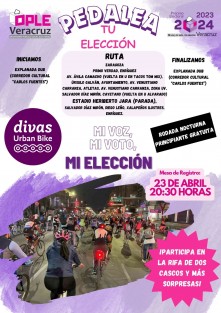 El Consejo Distrital Xalapa I y el Consejo Distrital Xalapa II  en acompañamiento de la Colectiva Ciclista Divas Urban Bike invitan a la Rodada Nocturna PEDALEA TU ELECCIÓN, que partirá el 23 de abril a las 20:30 horas desde la Explanada  en el Corredor Cultural Carlos Fuentes, por varias calles de la zona centro de Xalapa. 