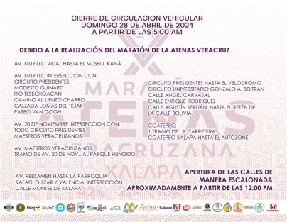Luego de dime y diretes, el maratón Atenas Veracruzana sí se realizará este domingo, por lo que los organizadores informaron el cierre de calles y horarios para quienes suelen transitar muy temprano los domingos. Tome precauciones.