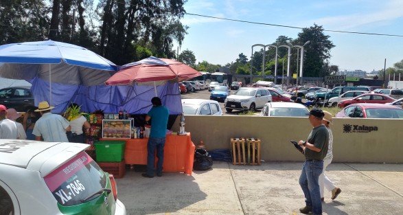 Gran actividad comercial y tráfico en los accesos a los panteones de Xalapa, este 10 de mayo. 