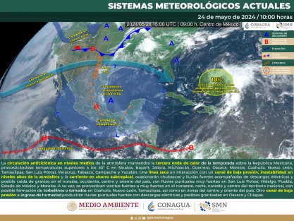 Sábado 25-domingo 26-lunes 27: muy caluroso a bochornoso. Probabilidad baja de lluvias y tormentas. Viento dominante del Noreste, Este y Sureste de 20 a 35 km/h con rachas de 45 km/h en costa. 