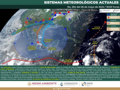 Lluvias aisladas en Veracruz y Tabasco. Las lluvias fuertes podrían generar encharcamientos, deslaves o inundaciones. Por la mañana, ambiente templado a cálido en la región y fresco en sierras de Veracruz. Ambiente muy caluroso a extremadamente caluroso durante la tarde. Viento del este y sureste de 15 a 30 km/h con rachas de 70 a 80 km/h y posibles torbellinos o tornados en Tamaulipas y rachas de 40 a 60 km/h con posibles tolvaneras en Veracruz. 