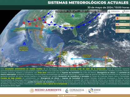 Cielo medio nublado con lluvias aisladas en Veracruz y sin lluvia en Tabasco. Por la mañana, ambiente templado a cálido, y fresco con bancos de niebla en zonas montañosas de Veracruz. Por la tarde, ambiente muy caluroso a extremadamente caluroso. 