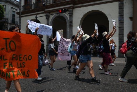 Alumnos de la Universidad Veracruzana se manifestaron el mediodía  bloqueando la calle Enríquez, en protesta para pedir apoyo para el incendio de Barranca Grande. 
