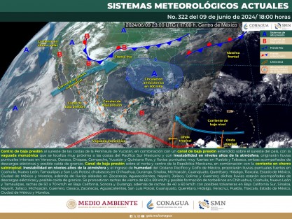 Domingo 9-lunes 10: caluroso a muy caluroso, probabilidad de lluvias y tormentas aisladas en la región montañosa central y extremo sur del estado, acumulados de 5 a 15 mm, sin descartar mayores de forma más dispersa especialmente en la montañosa central. 