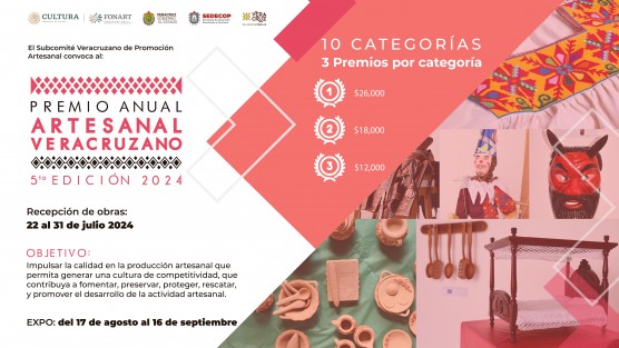 La Secretaría de Desarrollo Económico y Portuario (SEDECOP) a través del Subcomité Veracruzano de Promoción Artesanal invita a participar en la quinta edición del Premio Anual Artesanal Veracruzano. Para más información visita: https://www.veracruz.gob.mx/desarrolloeconomico/convocatorias-2024/.