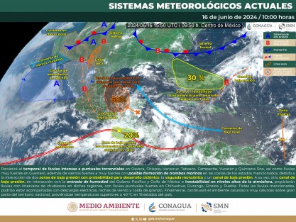  Cielo nublado la mayor parte del día con lluvias puntuales torrenciales en Tabasco y cielo medio nublado a nublado con lluvias puntuales intensas en Veracruz, dichas lluvias con descargas eléctricas y posible caída de granizo, las cuales podrían originar deslaves, encharcamientos e inundaciones, así como incrementar los niveles de ríos y arroyos; además de lluvias puntuales fuertes en Tamaulipas. 