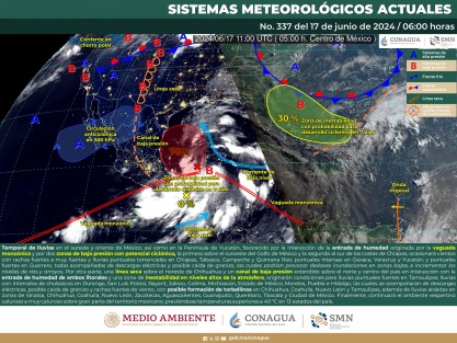 PRONÓSTICO PARA EL ESTADO DE VERACRUZ: se mantiene la probabilidad de lluvias y tormentas (actividad eléctrica y ráfagas de viento) principalmente del centro al sur del estado,  aumentando el miércoles del norte al centro.