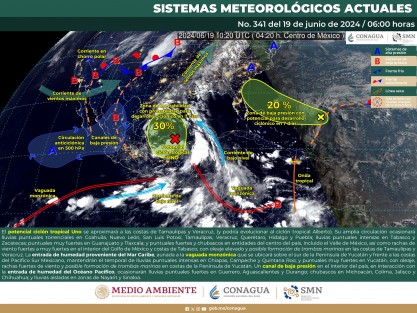 Cielo nublado la mayor parte del día, con lluvias puntuales torrenciales en Tamaulipas y Veracruz, y puntuales intensas en Tabasco; las cuales podrían estar acompañadas de descargas eléctricas y posible caída de granizo, reducir la visibilidad, originar deslaves, encharcamientos e inundaciones, así como incrementar los niveles de ríos y arroyos. 