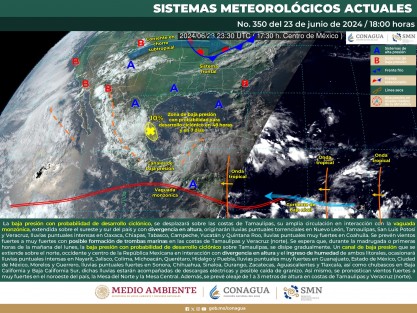 Cielo medio nublado a nublado con lluvias puntuales intensas en Veracruz, así como lluvias puntuales muy fuertes en Tamaulipas y Tabasco, las cuales podrían acompañarse con descargas eléctricas y posible caída de granizo, reducir la visibilidad, originar deslaves, encharcamientos e inundaciones, así como incrementar los niveles de ríos y arroyos. 