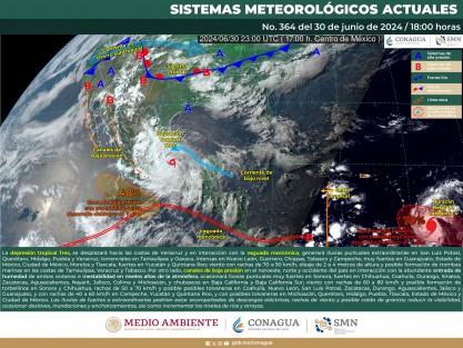 Durante esta noche y madrugada, la depresión tropical Tres, se desplazará hacia las costas de Veracruz y en interacción con la vaguada monzónica, generará lluvias puntuales extraordinarias en San Luis Potosí, Querétaro, Hidalgo, Puebla y Veracruz. 