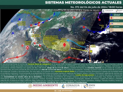 En las próximas horas, el centro del huracán Beryl de categoría 2 en la escala Saffir-Simpson impactará sobre las costas de Quintana Roo; sus bandas nubosas ocasionarán lluvias puntuales torrenciales en Quintana Roo y Yucatán, intensas en Campeche y, puntuales muy fuertes Chiapas y Tabasco. 
