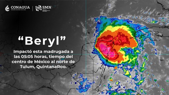 El ciclón tropical Beryl tocó tierra a las 05:05 horas como huracán de categoría 2 al norte de Tulum, Q. Roo, recorrerá el norte de la Península de Yucatán e ingresará esta tarde al Golfo de México, ocasionará lluvias puntuales torrenciales en Campeche, Yucatán y Quintana Roo, y puntuales intensas en Chiapas y Tabasco, todas acompañadas de descargas eléctricas, las cuales podrían generar encharcamientos en la Península de Yucatán, así como deslaves o inundaciones y crecida de ríos en Chiapas y Tabasco. 