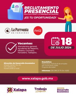 La Dirección de Desarrollo Económico, a través del Departamento de Fomento Económico, convoca a la ciudadanía a participar en el Reclutamiento de Personal de las empresas Coca-Cola FEMSA y Café La Parroquia?, donde se ofertarán más de 30 vacantes. Jueves 18 de julio. De 9:30 a 14:00 horas. Dirección de Desarrollo Económico, calle Úrsulo Galván num. 45, esquina Balderas, Col. Centro.