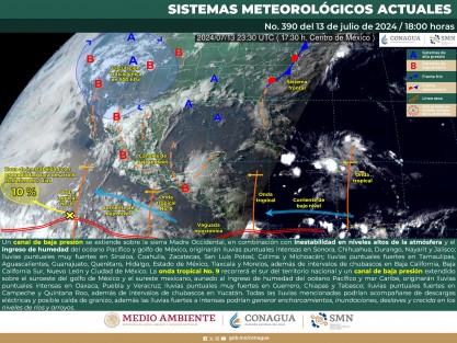 Domingo 14: medio nublado a nublado, probabilidad de lluvias y tormentas con acumulados en 24 horas de 5 a 15 mm en promedio con máximos de 50 a 70 mm en las partes altas de las cuencas del sur, de 30 a 50 mm en las cuencas del río Blanco, Jamapa-Cotaxtla y zonas medias-bajas de las cuencas del sur y de 20 a 30 mm en el resto del estado, siendo probables mayores a estos rangos de forma más dispersa. Viento del Norte, Noreste y Este de 20 a 35 km/h en la costa con rachas mayores en áreas de tormenta. Oleaje de 0.5 a 1.0 metros. Ambiente relativamente caluroso.